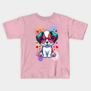 Rainbow Cute Dog Wearing Glasses Heart Puppy Love Dog Funny Kids T-Shirt
